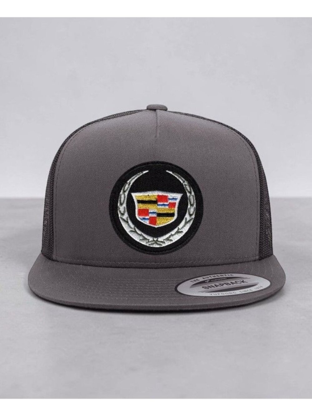 Cadillac Emblem Patch on YP Flat Bill Trucker Hat Mesh Back Snapback charcoal/bl